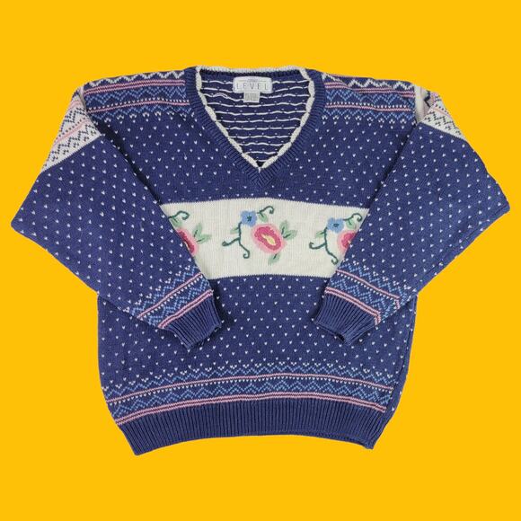 Vintage Knit Floral V-Neck Sweater, M Grandmacore Retro - Picture 1 of 5